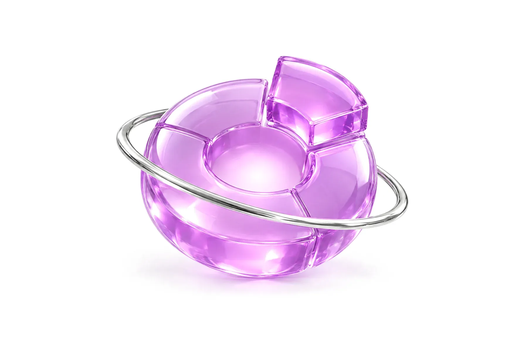 Ilustración de un gráfico circular de cristal con un tramo más alto y un aro cromado alrededor