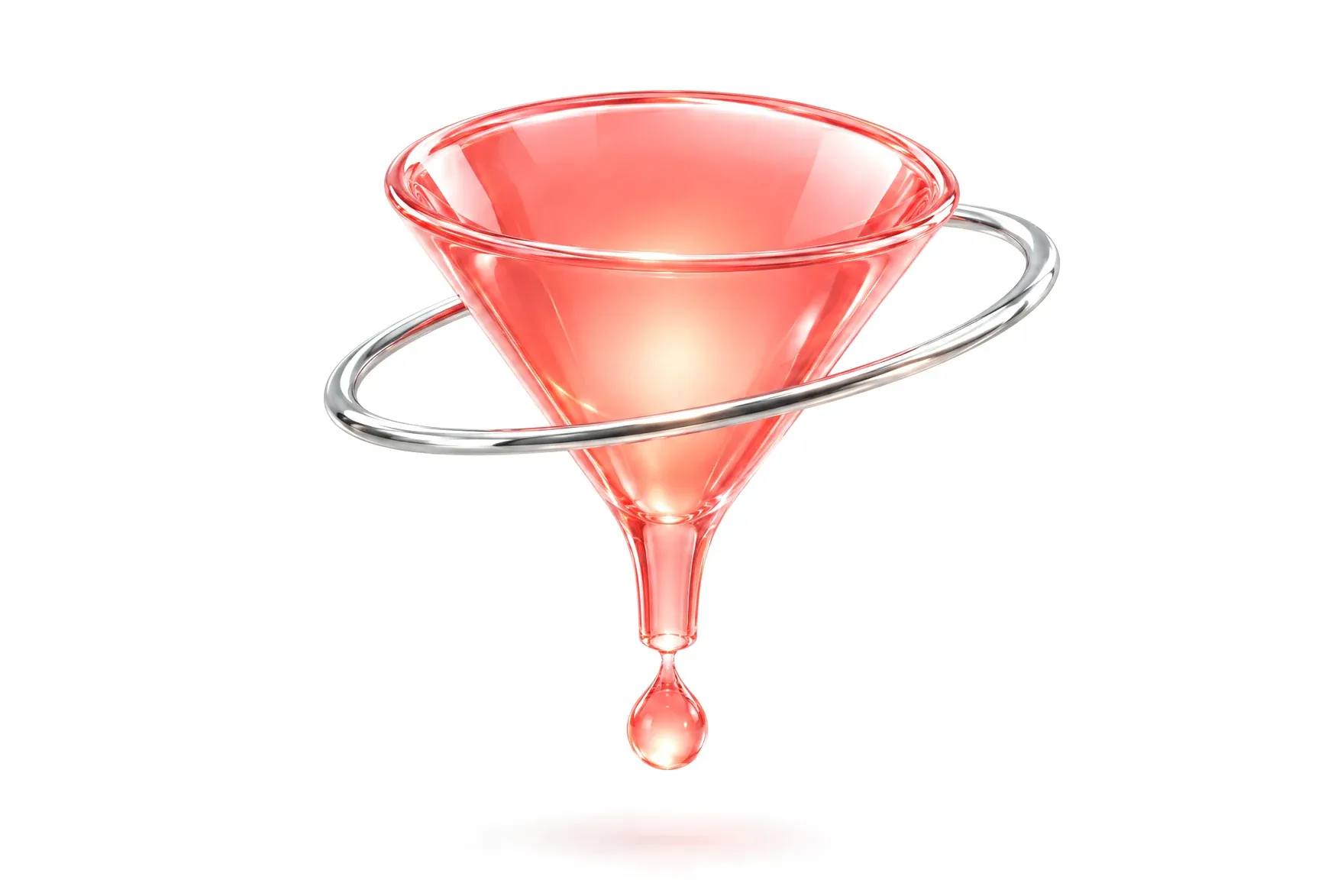 Ilustración de un embudo de cristal del que cae una gota, con un aro cromado alrededor