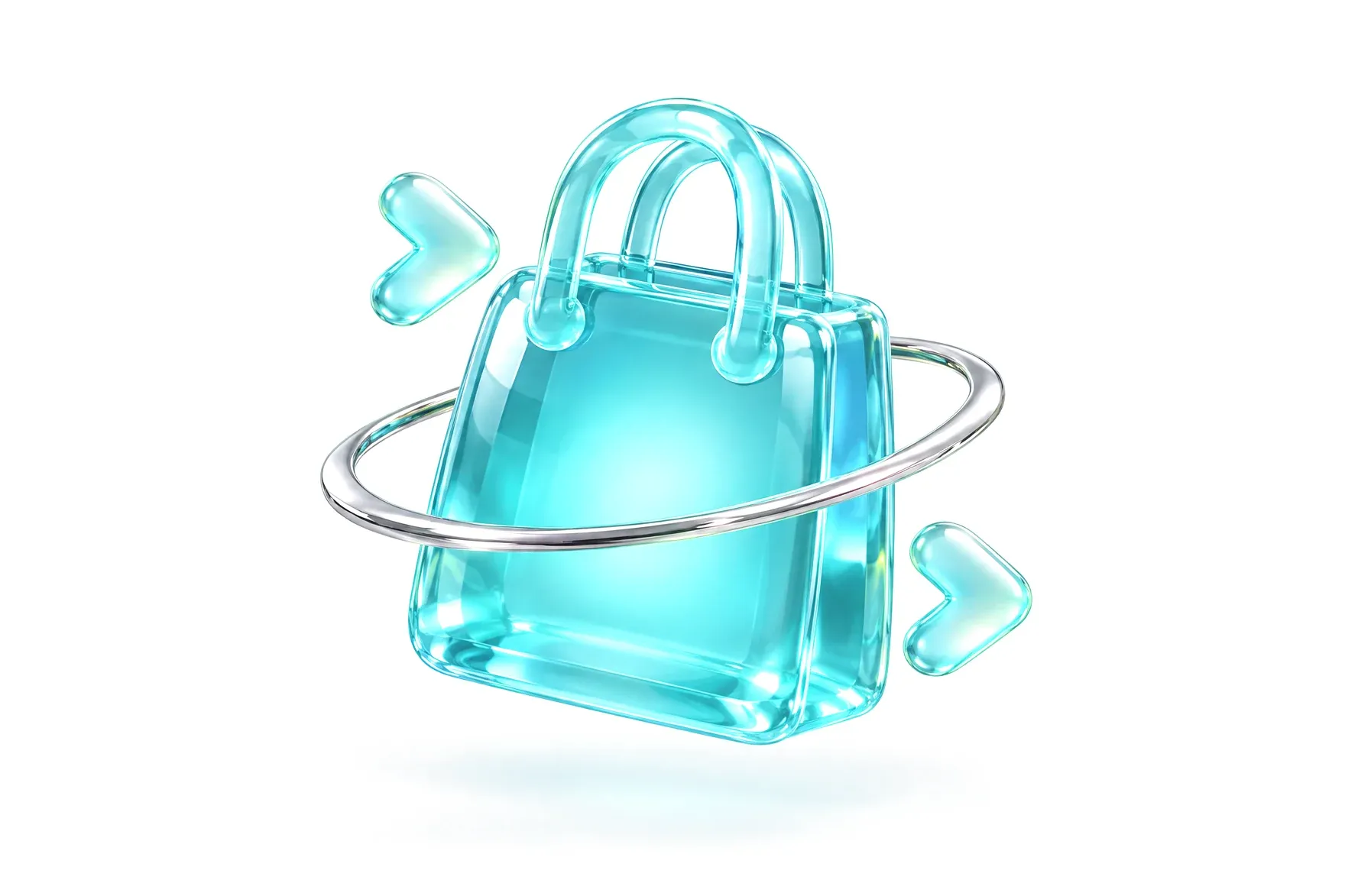 Ilustración de una bolsa de la compra de cristal con dos flechas y un aro cromado alrededor