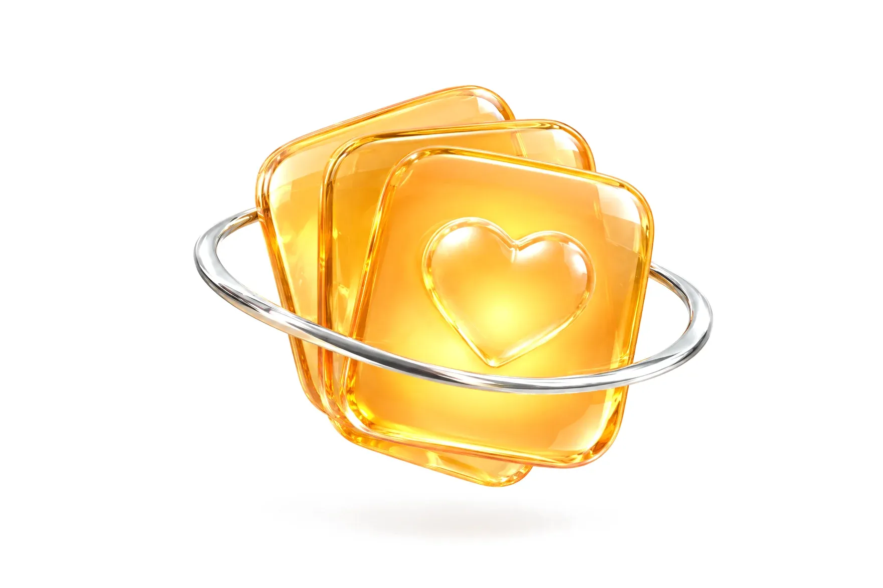 Ilustración de tres publicaciones de cristal, la primera con un corazón, y un aro cromado alrededor