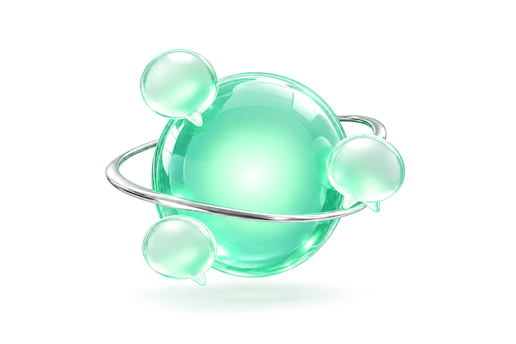 Ilustración de una esfera de cristal con bocadillos de conversación y un aro cromado alrededor